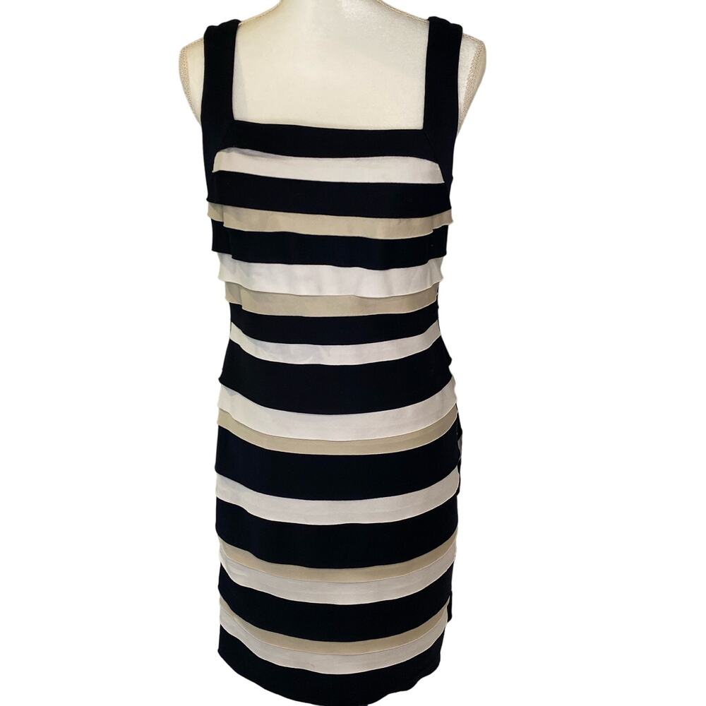 White House Black Market WHBM black white beige summer business guest dress